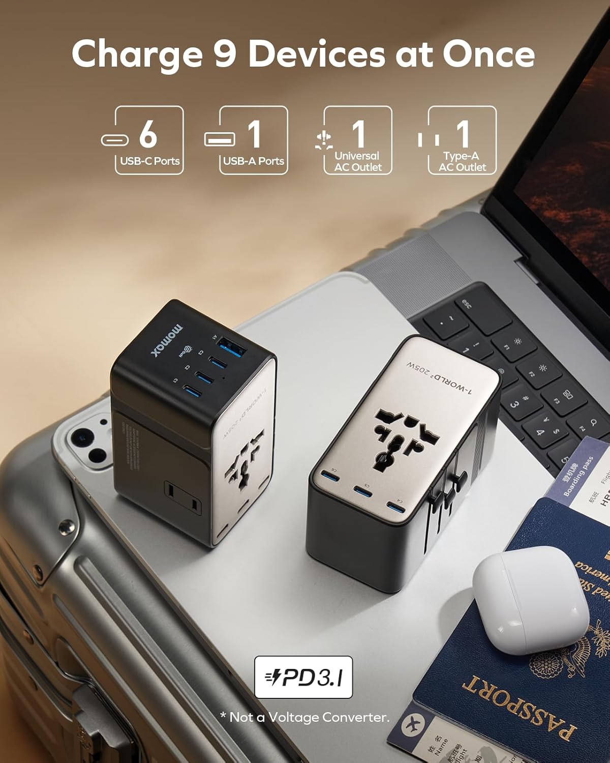 MOMAX GaN 205W Universal Travel Adapter, 9-in-1 European Travel Plug Adapter, 6 USB-C PD Fast Charging & 1 USB-A QC, 2 AC, International Power Adapter UK AUS JP, Travel Essentials - Image 4