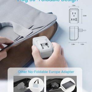 1 Pack European Travel Plug Adapter, VINTAR Foldable International Power Plug with 2 AC Outlets 3 USB Ports(2 USB C), Type C Travel Essentials Charger for US to Most of Europe EU Italy Spain France