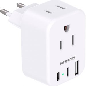 European Travel Plug Adapter USB C, HANYCONY International Plug Adapter, US to Europe Adapter Plug 2 Outlets 3 USB Ports(2 C Port), Type C Power Adapter to Italy Spain France Portugal Iceland Germany