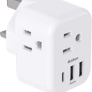 US to UK Ireland Plug Adapter, Addtam Type G Power Adapter with 3 AC Outlets and 3 USB(1 USB C), Travel Essentials for USA to Dubai Scotland British London England Hong Kong Irish