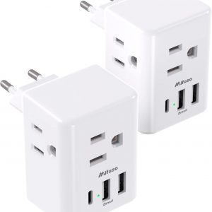 [2-Pack] European Travel Plug Adapter – International Plug Adapter with USB Charging Ports(1 USB C), Type C Power Adapter for US to Most of Europe EU Italy France Spain Germany Greece