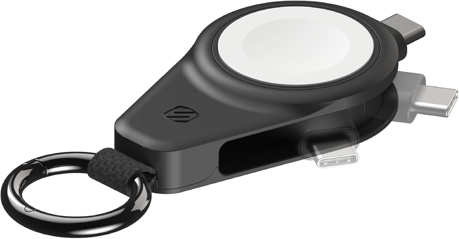 Scosche Fast Charging USB-C Powered Plug-in Travel Charger for Apple Watch, Mini Portable Magnetic Charger Keychain for iWatch Compatible with Apple Watch Series 10/9/8/7/6/5/4/3/2 Ultra 2/SE, Black