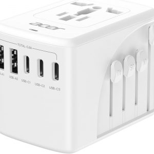 Acer Universal Travel Plug Adapter – International Power Adapter with 5 USB Ports (3 USB C) 5.8A, Worldwide Outlet Charger for USA to European UK France Germany Spain, Type C/E/F/G/I/L/A, White