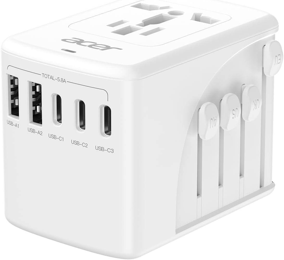 Acer Universal Travel Plug Adapter - International Power Adapter with 5 USB Ports (3 USB C) 5.8A, Worldwide Outlet Charger for USA to European UK France Germany Spain, Type C/E/F/G/I/L/A, White