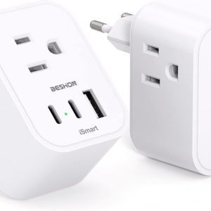 【2-Pack】 European Travel Plug Adapter, BESHON International Power Plug Adapter with 3 Outlets 3 USB Ports(2 USB C), Type C Plug Adapter Travel Essentials to Most Europe Spain Italy France Germany