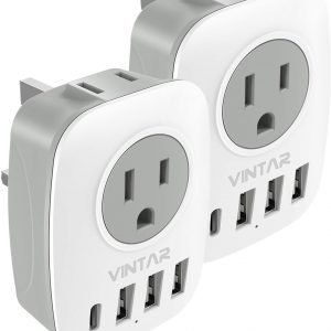 US to UK Ireland Travel Plug Adapter 2 Pack, VINTAR Type G Plug Adapter with 2 Outlets 4 USB Ports(1 USB-C), UK Power Adaptor for USA to England Scotland Dubai Hong Kong British Kenya London
