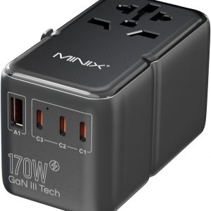 MINIX 170W Universal Travel Adapter GaN III Travel Adapter Worldwide with 3 USB-C & 1 USB-A Ports, International Power Adapter Compatible with US/UK/EU/AU for Laptops, Tablets, Phones, Cameras