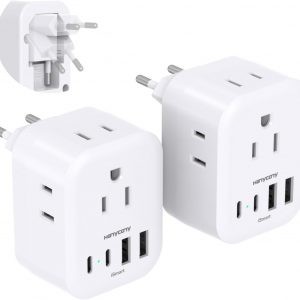 2 Pack European Travel Plug Adapter, HANYCONY International Power Adapter 4 Outlets 4 USB C Ports (2 USB C), Foldable Type C Adapter for US to Most Europe EU Italy Spain Greece Portugal France Germany