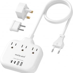 European Travel Plug Adapter, US to European Plug Adapter with 3 American Outlets & 4 USB, 3ft European Power Cord, International Travel Power Strip, Type C for Europe EU Germany France, Travel, White