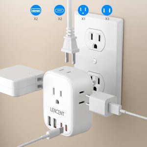 LENCENT Multi Plug Outlet Extender with USB, 4 AC Electrical Outlet Expander with 4 USB Charger Cube(2 Type C), Small Multiple Wall Tap Plug Splitter for Home Office Travel Cruise Dorm Essentials