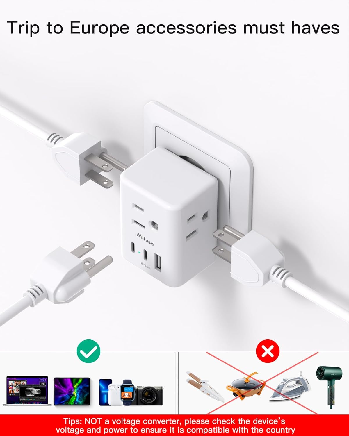 2 Pack European Travel Plug Adapter, Mifaso International Power Plug Adapter with 3 Outlets 3 USB Charging Ports(2 USB C), Type C Plug Adapter Europe Travel Essentials to Spain Italy France - Image 5