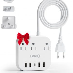 European Plug Adapter, Unidapt US to UK Europe Power Strip for EU/UK/US with USB C and 4 USB Ports, 3 AC Outlets, Wall Mountable, 5ft Extension Cord, for Travel Cruise Ship Home
