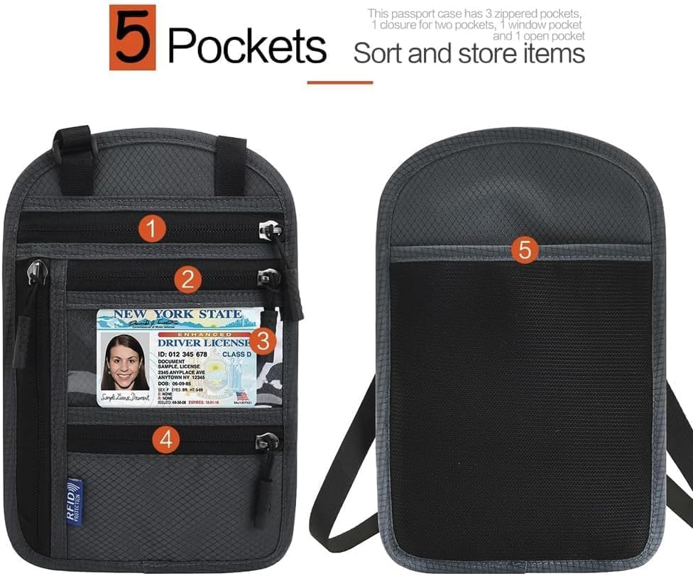 2-Pack RFID Blocking Passport Holder for Travel – Hidden Neck Wallet with Phone Pocket, Lightweight Under-Clothing Pouch Fits 7-inch phone & 2 Passports, Anti-Theft Organizer (Black & Light Gray) - Image 5