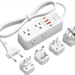 European Travel Plug Adapter, WRXDMC Universal Power Adapter for EU UK DE JP,6 AC Outlets, 4 USB Ports with 5ft Extension Cord, International Power Strip, Compact for Travel, Cruise Ship Must Have