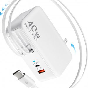 4-in-1 Retractable Gan Wall Charger Plug for iPhone 17 USB C,Travel Essentials Brick Multiport,3ft Lightening+ Type C Cables,40W Fast Charging Foldable Block for iPhone 17 Pro/16/15/14/13,iPad,Galaxy