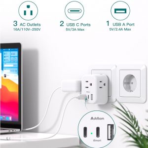 3 Pack European Travel Plug Adapter, Addtam US to Europe Plug Adapter with 3 Outlets 3 USB Charger (2 USB C Port), Type C Power Adaptor to Italy Spain France Portugal Iceland