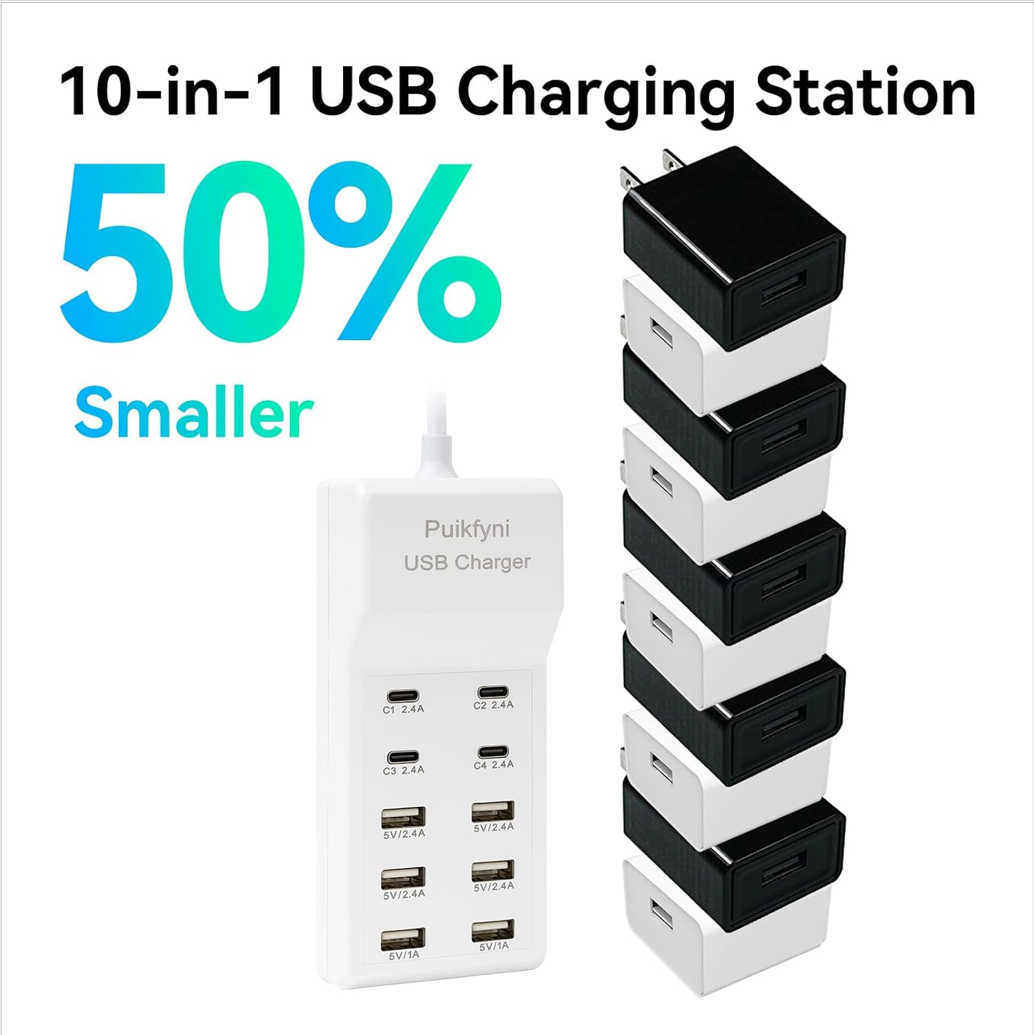 Portable USB C Charging Station,4 -C- Ports, USB Charging hub 10-Ports/USB c Charger Block for Multiple Devices Phones Tablet Smartwatch Headphones Speakers (USB-4C+6A) - Image 4