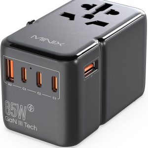 MINIX 85W Universal Travel Adapter, GaN III International Power Adapter, 3 USB-C 2 USB-A Ports, AC Outlet, Worldwide US/UK/EU/AU Travel Charger for Laptops Tablets Phones and More