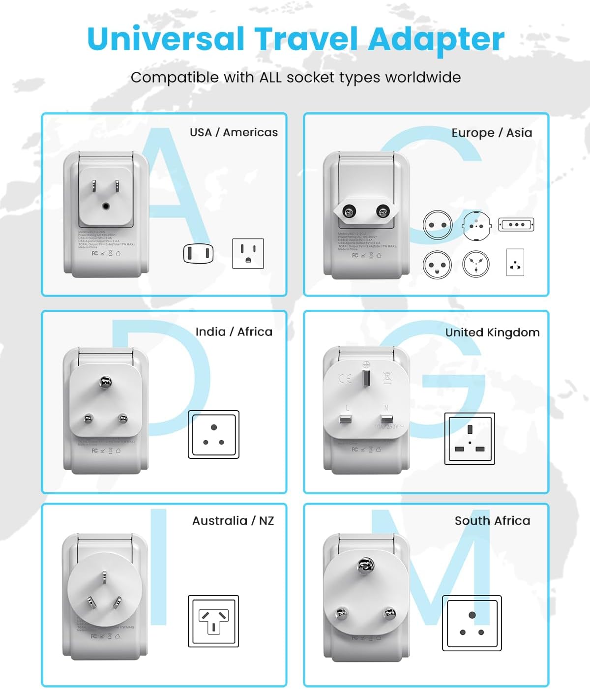 Universal Travel Adapter Kit, VINTAR International Plug Adapter with 3 USB Ports(2 USB C, 3.4A) and 2 American Outlets, Type A,C,G,D,I,M Detachable Attachments, Adapter for US/EU/UK/India/AUS/Africa - Image 2