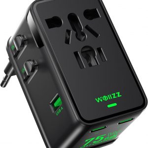 75W Tiny Universal Travel Adapter, GaN Fast Charging European Power Adapter with 5 Ports (1 AC, 1 USB-A, and 3 USB-C), Plug Adapter with Smart Chip for Over 200 Countries, PD&QC Charger