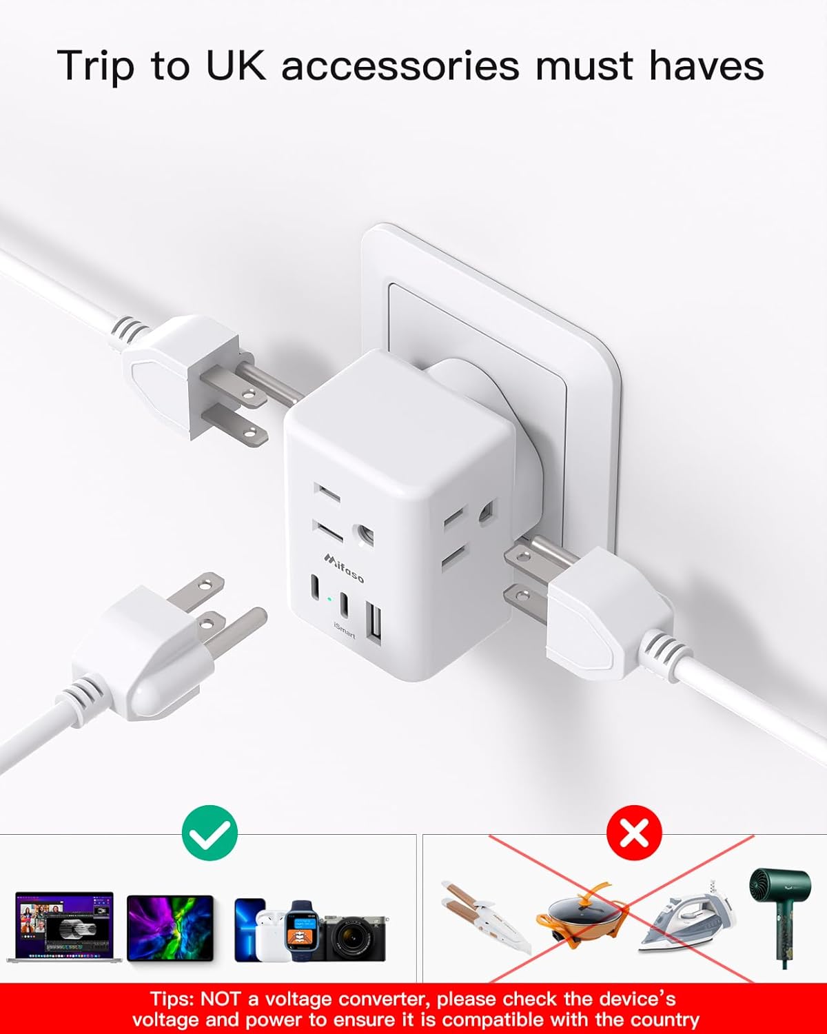 2 Pack US to UK Plug Adapter, Mifaso Type G Power Adapter with 3 Outlet 3 USB Charger, International Plug Adapter, USA to Dubai England Ireland British London Hong Kong Singapore Travel Essentials - Image 5