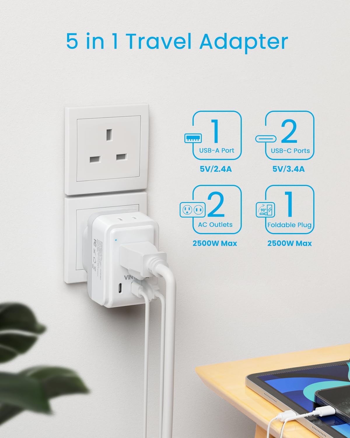 2 Pack US to UK Ireland Plug Adapter, VINTAR Foldable Type G Power Adapter, UK Travel Adaptor with 2 Outlets and 3 USB(2 USB C Ports) for England Scotland Ireland London Dubai Singapore Hong Kong - Image 4