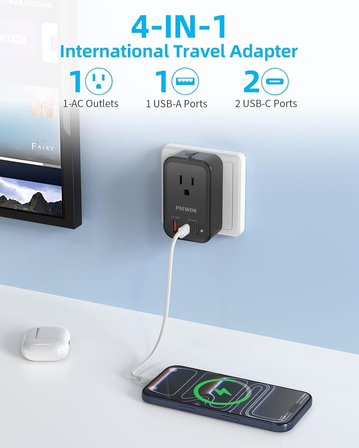 Travel Adapter USB C, European Travel Plug Adapter with 1 AC Outlet and USB Fast Charging (PD 20W), Foldable Type C/G/A/I Universal Adapter, Black - Image 4