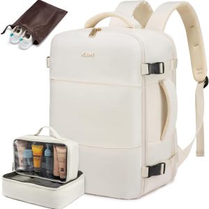 LOVEVOOK Travel Backpack for Women,35L Carry On Backpack Flight Approved with 3 Packing Cubes,TSA Personal Item Travel Bag Fits 15.6” Laptop,Weekender Hiking Business Luggage Daypack Beige