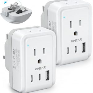 2 Pack US to UK Ireland Plug Adapter, VINTAR Foldable Type G Power Adapter, UK Travel Adaptor with 2 Outlets and 3 USB(2 USB C Ports) for England Scotland Ireland London Dubai Singapore Hong Kong