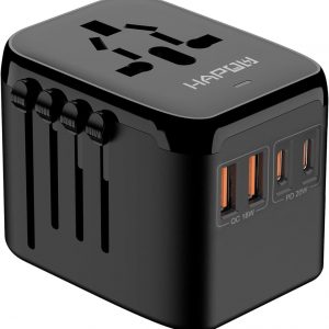 Universal Travel Adapter, PD20W International Power Adapter, 2 USB-C & 2 USB-A Fast Charging Travel Charger, All in One Worldwide Travel Plug Adapter, Outlet Adapter for Europe EU UK USA AU