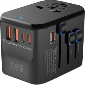 MINGTONG Universal Travel Adapter, GaN 65W International Plug Adapter, 3 PD USB-C & 2 QC USB-A Fast Charging Ports, Worldwide Power Adaptor Wall Charger for EU US UK AUS 200+ Countires
