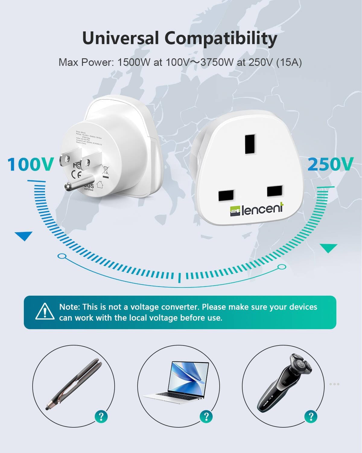 LENCENT UK to US America Plug Adapter, 2 Pack Grounded USA Visitors Travel Converter, Converts All Type G Plugs from United Kingdom UK Singapore Malaysia UAE Ireland Malta Hongkong and etc. (Type B) - Image 3