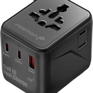 Fosmon Universal Travel Adapter Worldwide, GaN III/PD Fast Charge Dual Outlet, International Travel Plug Adapter (2 USB-C, 1 USB-A Port), European Charger Outlet Converter for AU, EU 224+ Countries