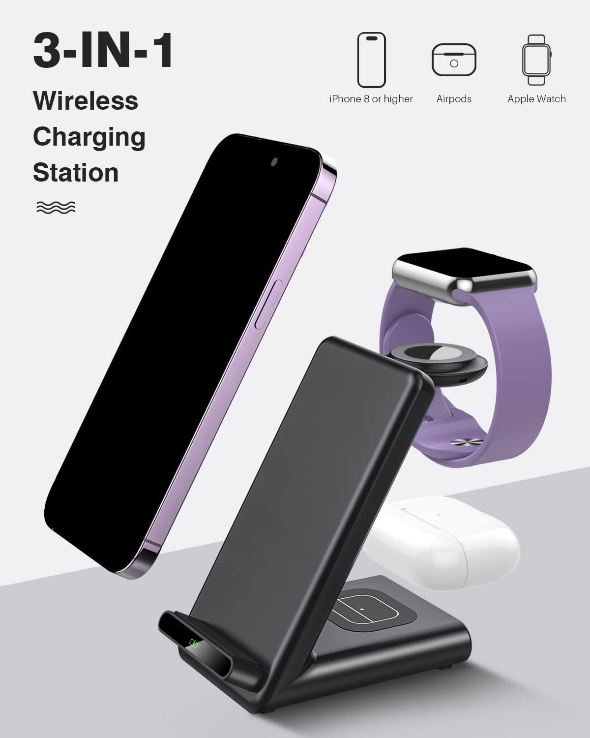 Wireless Charging Station,3 in 1 Charging Stand Made for Apple Watch Ultra 11 10 9 8 7 6 SE 5 4 3,Fast Wireless Charger Made for iPhone 17/Air/16/15/14/13/12,for AirPods Pro(with Adapter) (Black) - Image 3