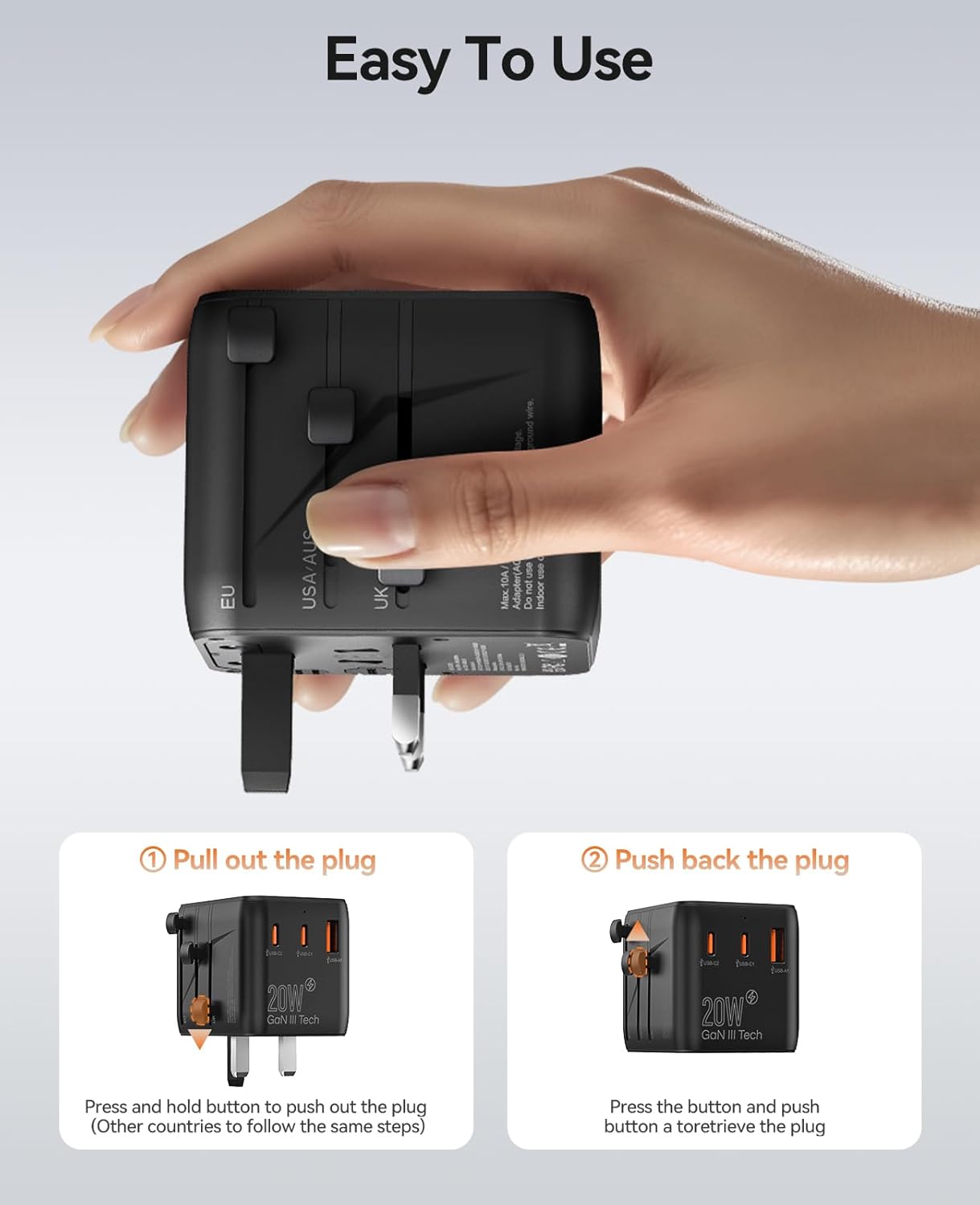 ORICO Universal Travel Adapter with 2 AC 2 USB-C and 1 USB-A Socket, PD 20W International Power Adapter, Worldwide Travel Essentials Wall Charger for USA EU UK AUS JP and Over 200 Countries - Image 6