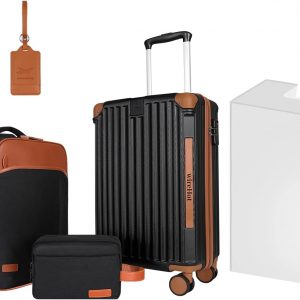 22x14x9 Airline Approved Vintage Style Carry On Luggage with Backpack Sets for Men, ABS+PC Hardshell Small 20 inch Retro Suitcase with Protective Cover & Tag (Black Brown, 20in/BP/TB)