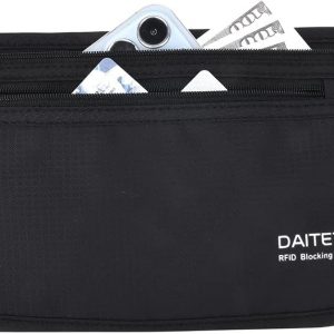 DAITET Money Belt – Passport Holder Secure Hidden Travel Wallet with RFID Blocking, Undercover Fanny Pack (Black)