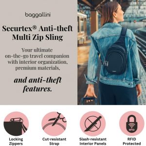 Baggallini Securtex® Anti-Theft Triple Zip Sling 8.6″x15.2″ Travel Crossbody Backpack with RFID Wallet Locking Zipper