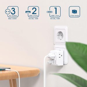 2 Pack European Travel Plug Adapter, International Power Plug Adapter with 3 Outlets 3 USB Charging Ports(1 USB C), Type C Plug Adapter Travel Essentials to Most Europe EU Spain Italy France Germany