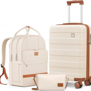 imiomo Hard Shell 20 Inch Carry on Luggage 3 Piece Set with Travel Backpack, Lightweight Hardside Carry-On Suitcase with Spinner Wheels and TSA Lock, Beige