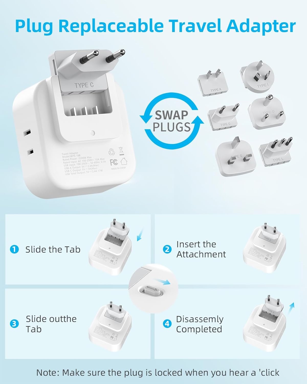 European Travel Plug Adapter Set, 8-in-1 Travel Adapter with 4 AC, 4 USB Ports (2 USB C), US to UK/EU Universal Travel Adapter, International Power Adapter with Type C/G/D/L/A/I Detachable Plugs - Image 5