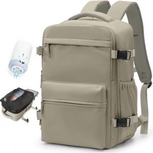 BOXSAM Vacuum Travel Backpack with Pump for Women, Personal Item Carry on Vacpack Backpacks Flight Approved 18x14x8 inches for Men,Laptop Waterproof Work Compression bags Casual Daypack GreyBrown