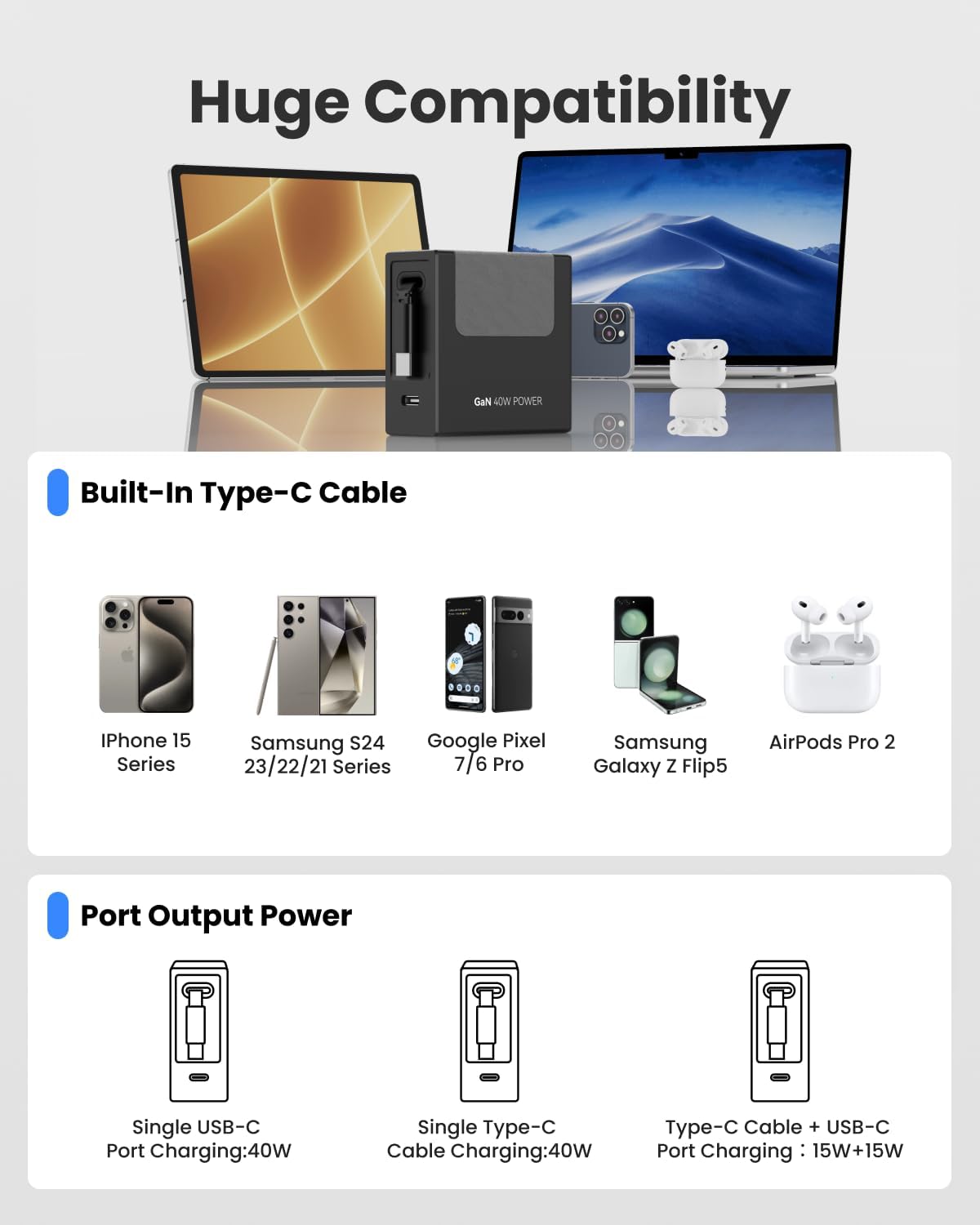 Gitryin Portable USB C Charger Block, 40W Retractable Wall Charger, 40W Fast Charging Block with 33.5in Type-C Cable, Portable Power Adapter with Foldable Plug, Black - Image 8