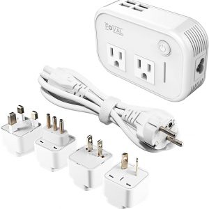 FOVAL Power Step Down 220V to 110V Travel Voltage Converter International Power Adapter for Hair Straightener/Curling Iron with 4-Port USB Charging US/UK/AU/EU Universal Plug Adapter (White)