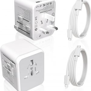 2Pack Universal Travel Adapter, International Travel Plug Adapter with 2 USB-C(PD 20W) & 2 USB-A Ports 3FT Type C Cable Cord,All in One Portable Adaptor for USA, UK, EU, AU & 224+ Countries (White) US