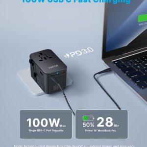 Universal Travel Adapter, VINTAR 100W GaN International Power Adapter with 3 USB C PD and 1 USB A QC, All in One Plug Adapter, Travel Adapter Worldwide for EU/UK/USA/AUS(Type C/G/A/I)