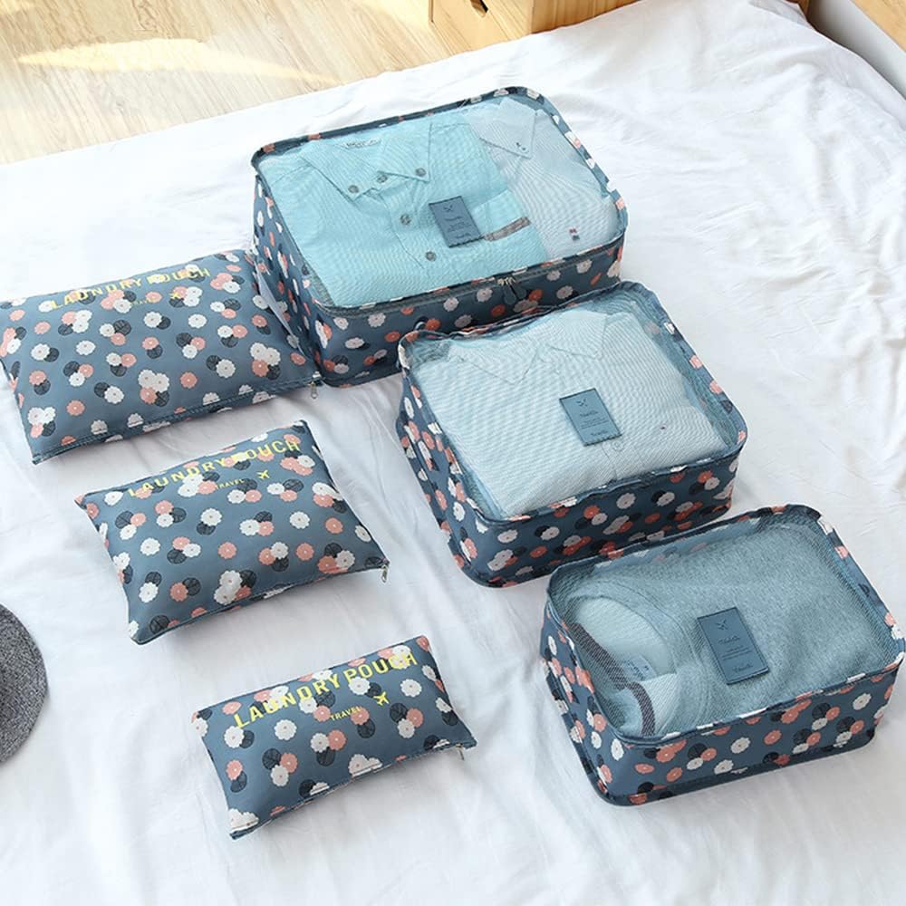 Packing Cubes 6 PCS Travel Accessories Travel Luggage Packing Organizers Bags for Backpack Suitcases, Blue Flower - Image 9