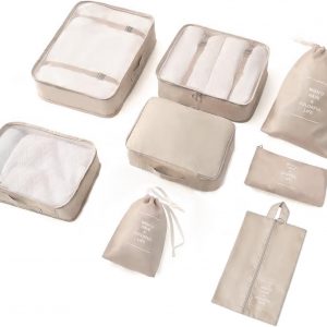 8 Pieces Mesh Packing Cubes for Travel, Luggage Packing Organizers Bags Set, Travel Essentials Suitcases Accessories with Laundry Bag, Storage Shoe Bag, Clothing Underwear Bag (Cream, 8 set)
