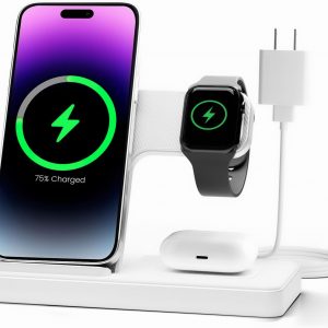 Wireless Charger Charging Station: 3 in 1 Charger Stand Multiple Devices for Apple – iPhone 17 16e 16 15 14 Pro Max 13 12 11 – Watch 10 9 8 7 6 5 4 3 2 SE and Ultra Series – Airpods 4 3 Pro, White