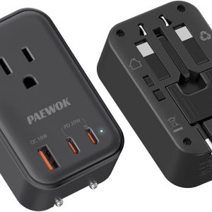 Travel Adapter USB C, European Travel Plug Adapter with 1 AC Outlet and USB Fast Charging (PD 20W), Foldable Type C/G/A/I Universal Adapter, Black